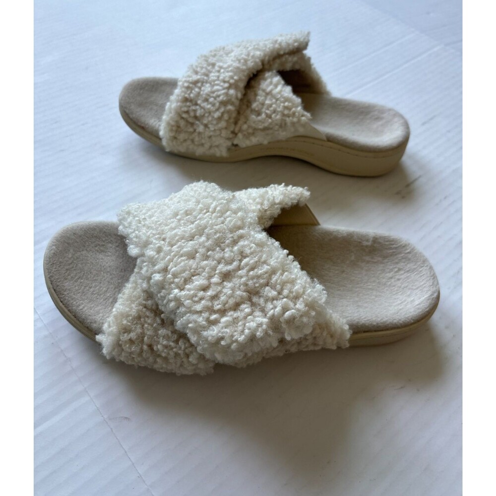 Vionic Relax II Faux Fur Sherpa Slippers Cream Beige Cross Strap Orthotic Size 9